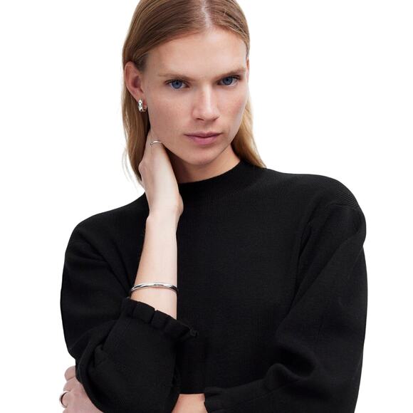 Madewell Black Merino Wool Mockneck Sweater S Puff Sleeve Ruffle Hem NWT - Picture 4 of 8